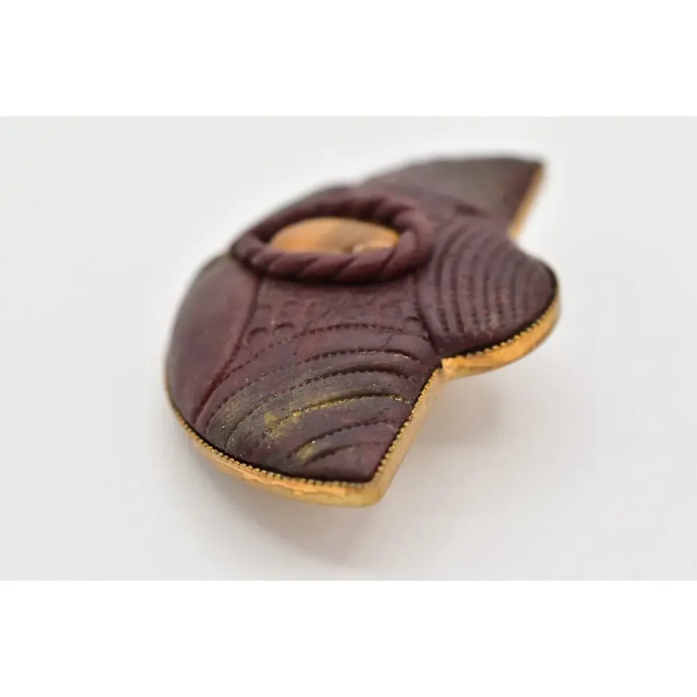 Vintage Tiger's Eye Cabochon Pin Brooch Brutalist Gold Tone Chunky 1970s 9B